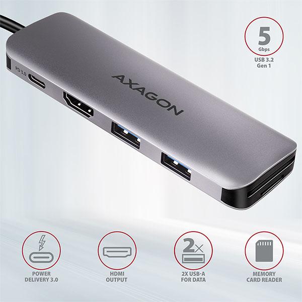 AXAGON HMC-5,  USB 3.rozbočovač 2. generácie,  2x porty USB-A,  HDMI,  slot SD/ microSD,  100W PD,  20cm kábel USB-C8