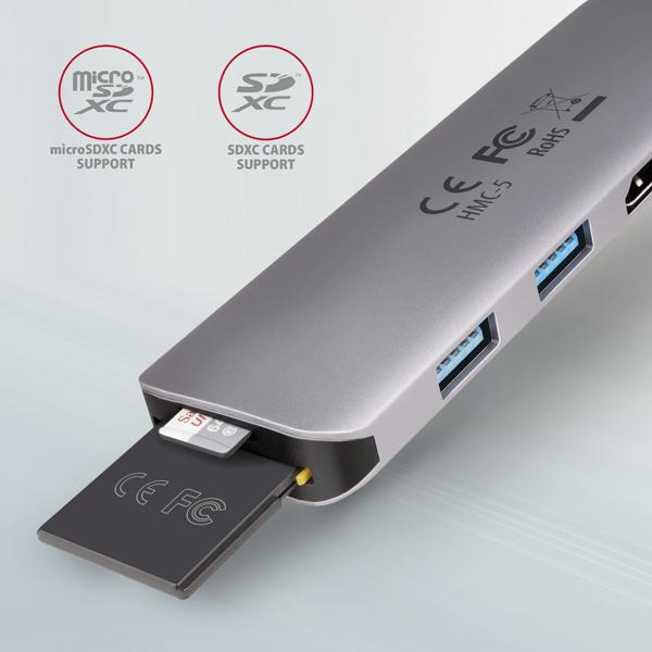 AXAGON HMC-5,  USB 3.rozbočovač 2. generácie,  2x porty USB-A,  HDMI,  slot SD/ microSD,  100W PD,  20cm kábel USB-C7