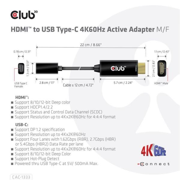 Club3D Aktívny adaptér HDMI na USB-C,  4K60Hz,  M/ F5
