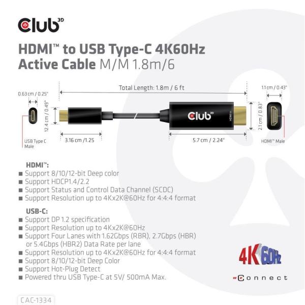 Club3D aktívny kábel HDMI na USB-C,  4K60Hz,  1.8m,  M/ M2