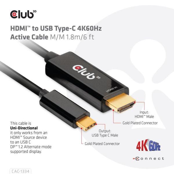 Club3D aktívny kábel HDMI na USB-C, 4K60Hz, 1.8m, M/M4