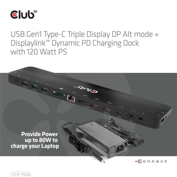 Club3D USB-C,  Triple Display DP Alt mode Displaylink Dynamic PD Charging Dock so 120 W PS1