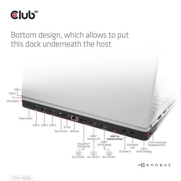 Club3D USB-C,  Triple Display DP Alt mode Displaylink Dynamic PD Charging Dock so 120 W PS2