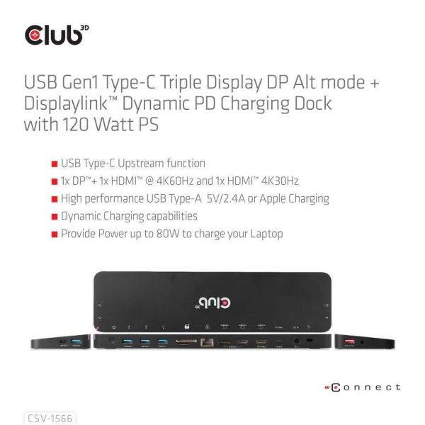 Club3D USB-C,  Triple Display DP Alt mode Displaylink Dynamic PD Charging Dock so 120 W PS3