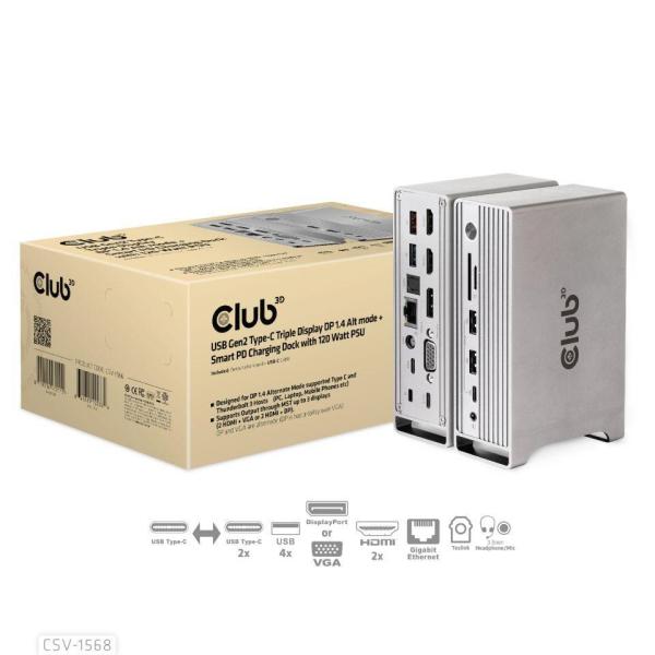 Club3D Dokovací stanice USB-C,  Triple Display DP Alt mode Displaylink Dynamic PD Charging Dock with 120 Watt PS
