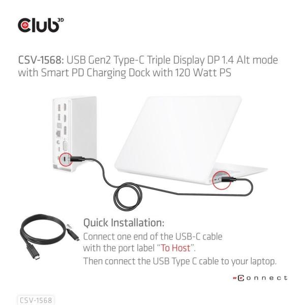Club3D USB-C,  Triple Display DP Alt mode Displaylink Dynamic PD Charging Dock so 120 W PS3