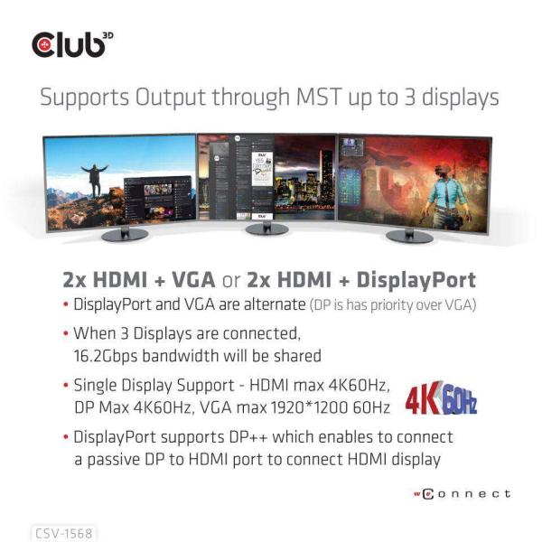 Club3D USB-C,  Triple Display DP Alt mode Displaylink Dynamic PD Charging Dock so 120 W PS4