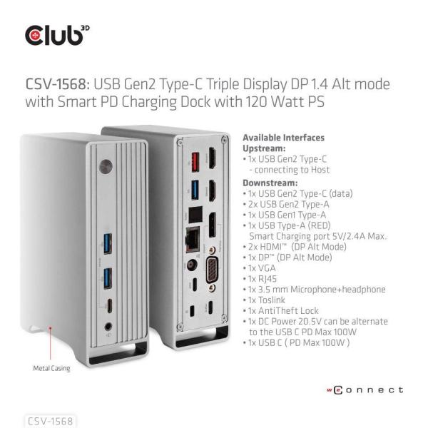 Club3D USB-C, Triple Display DP Alt mode Displaylink Dynamic PD Charging Dock so 120 W PS6