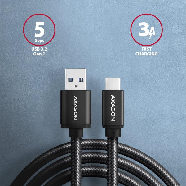 AXAGON BUCM3-AM20AB,  SPEED kábel USB-C <->USB-A,  2 m,  USB 3</ ->.2 Gen 1,  3A,  ALU,  opletenie,  čierna3