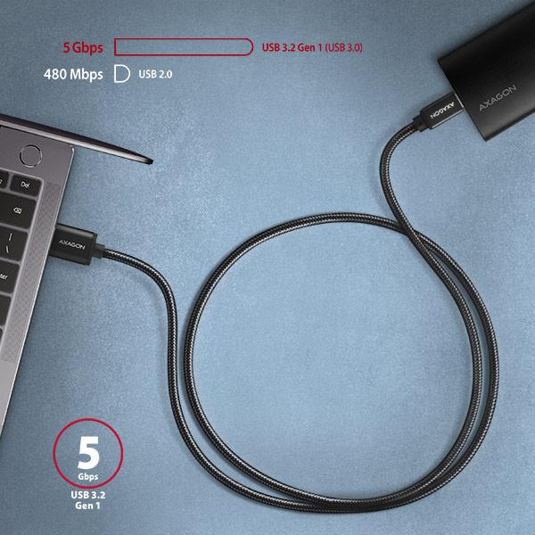 AXAGON BUCM3-AM20AB,  SPEED kábel USB-C <->USB-A,  2 m,  USB 3</ ->.2 Gen 1,  3A,  ALU,  opletenie,  čierna0