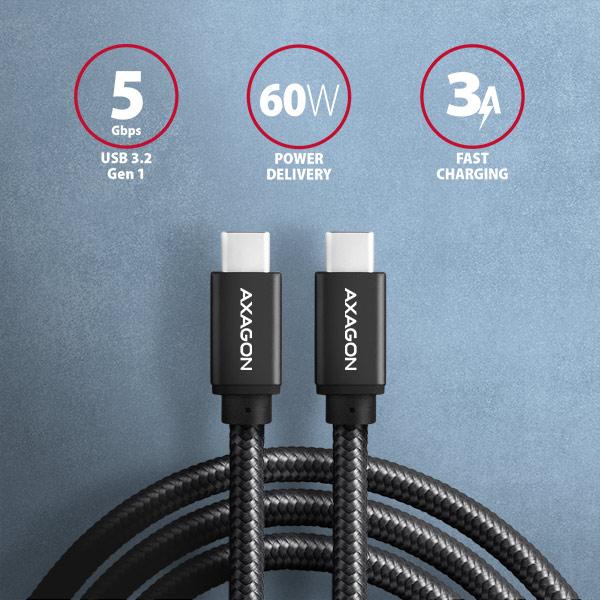 AXAGON BUCM3-CM10AB,  SPEED kábel USB-C <->USB-C,  1 m,  USB 3</ ->.2 Gen 1,  PD 60W 3A,  ALU,  opletenie,  čierna0