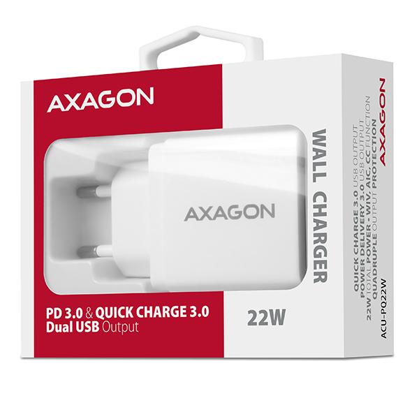 AXAGON ACU-PQ22W,  sieťová nabíjačka PD & QC 22 W,  2x port (USB-A + USB-C),  PD3.0/ QC3.0/ AFC/ FCP/ Apple,  biela9