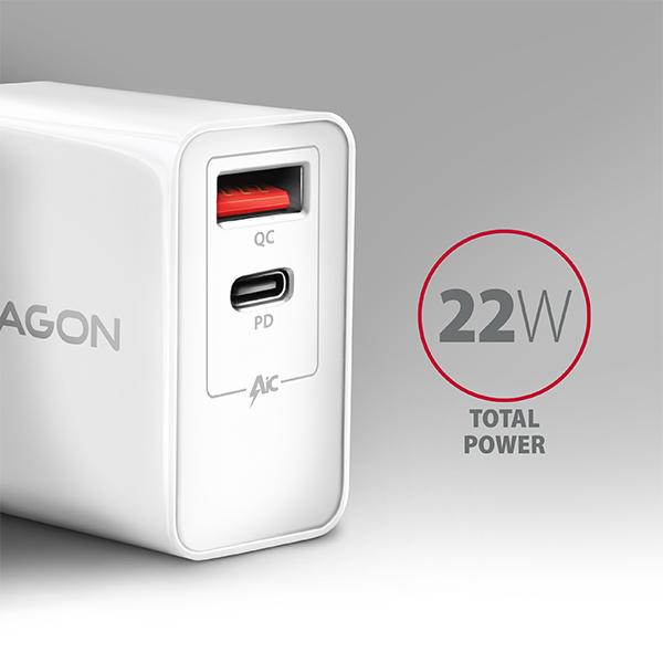 AXAGON ACU-PQ22W,  sieťová nabíjačka PD & QC 22 W,  2x port (USB-A + USB-C),  PD3.0/ QC3.0/ AFC/ FCP/ Apple,  biela3