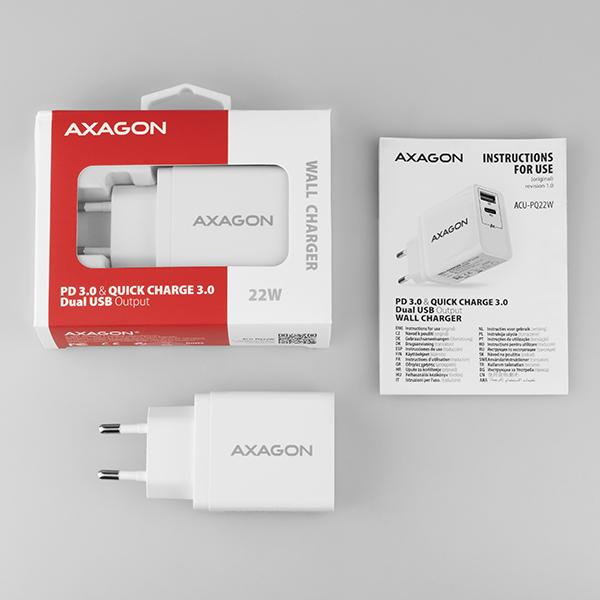 AXAGON ACU-PQ22W,  sieťová nabíjačka PD & QC 22 W,  2x port (USB-A + USB-C),  PD3.0/ QC3.0/ AFC/ FCP/ Apple,  biela8