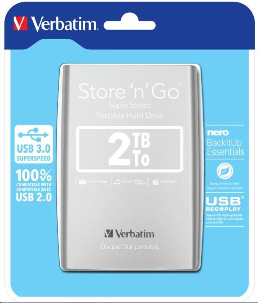 VERBATIM HDD 2.5" 2TB Store "n" Go USB 3.0,  Strieborná2