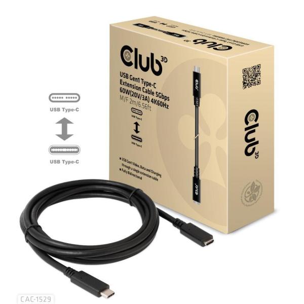 Club3D Prodlužovací kabel USB-C,  5Gbps 60W(20V/ 3A),  4K 60Hz (M/ F),  2m