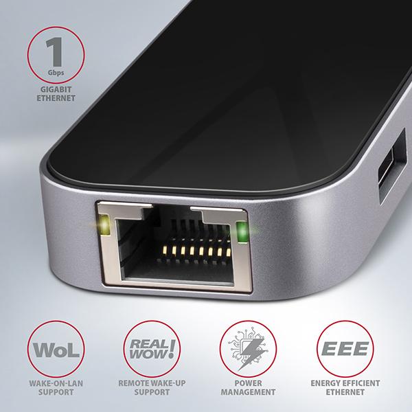 AXAGON HMC-6GL, USB 3.2 Gen 1 hub, porty 3x USB-A, HDMI 4k/30Hz, RJ-45 GLAN, PD 100W, kábel USB-C 20cm4