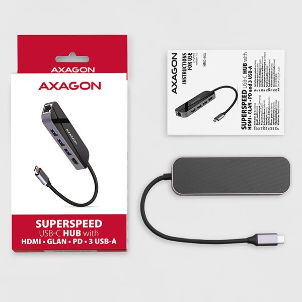 AXAGON HMC-6GL, USB 3.2 Gen 1 hub, porty 3x USB-A, HDMI 4k/30Hz, RJ-45 GLAN, PD 100W, kábel USB-C 20cm9