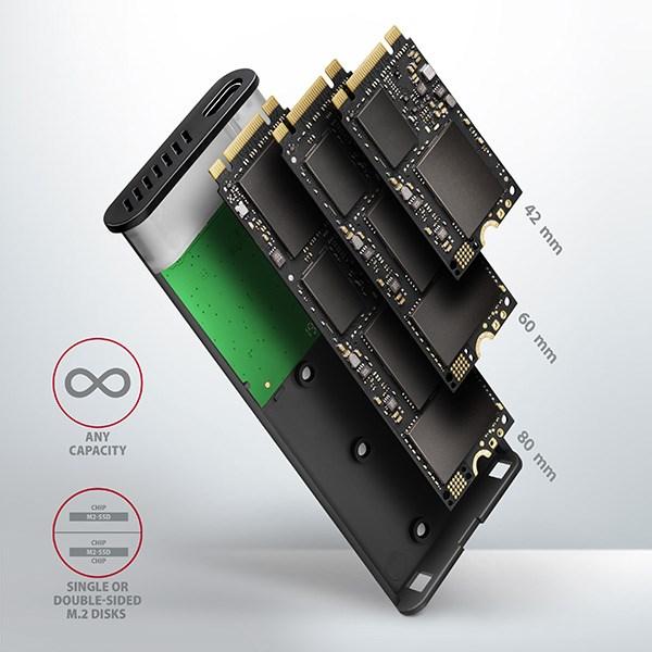 AXAGON EEM2-SBC,  USB-C 3.2 Gen 2 - M.2 SATA SSD kovový box RAW,  bez skrutiek4