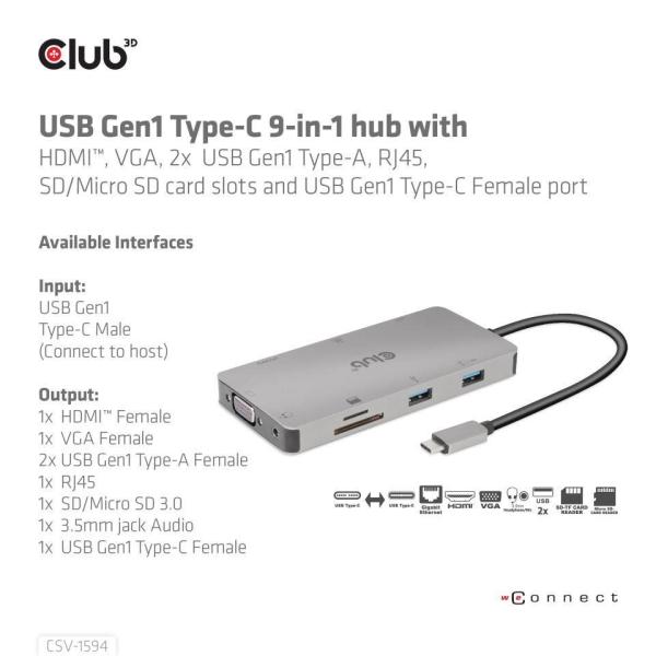Club3D hub USB-C,  rozbočovač 9 v 1 s HDMI,  VGA,  2x USB Gen1 Type-A,  RJ452