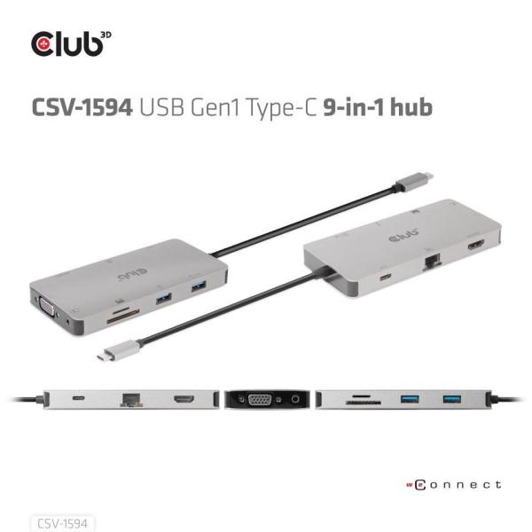 Club3D hub USB-C,  rozbočovač 9 v 1 s HDMI,  VGA,  2x USB Gen1 Type-A,  RJ456
