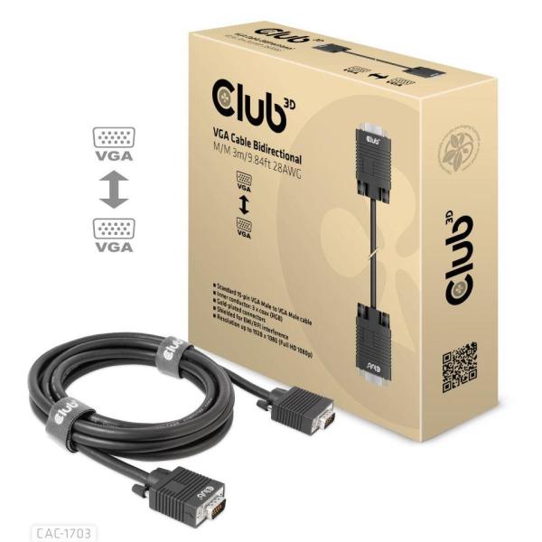Club3D kabel oboustranný VGA,  M/ M,  28AWG,  3m