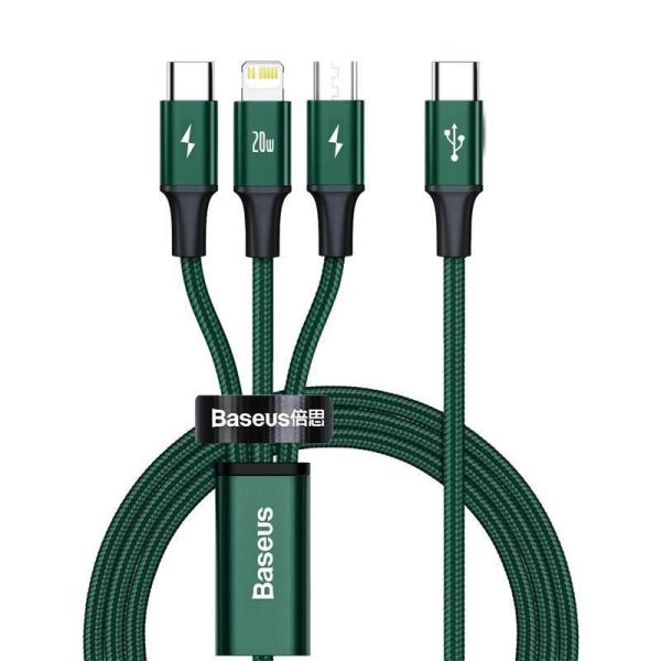 Baseus Rapid Series Nabíjací / dátový kábel 3v1 Type-C/ (Micro USB + Lightning PD 20W + USB-C) 1.5 m zelená