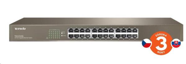 Tenda TEG1024G 24-portový gigabitový ethernetový prepínač,  10/ 100/ 1000 Mb/ s,  montáž do stojana