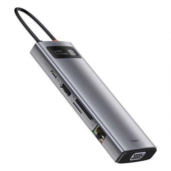 Baseus Metal Gleam Series 9v1 HUB Type-C (USB-C PD 100W, 3* USB 3.0, HDMI, VGA, RJ45, SD/TF port), sivá6