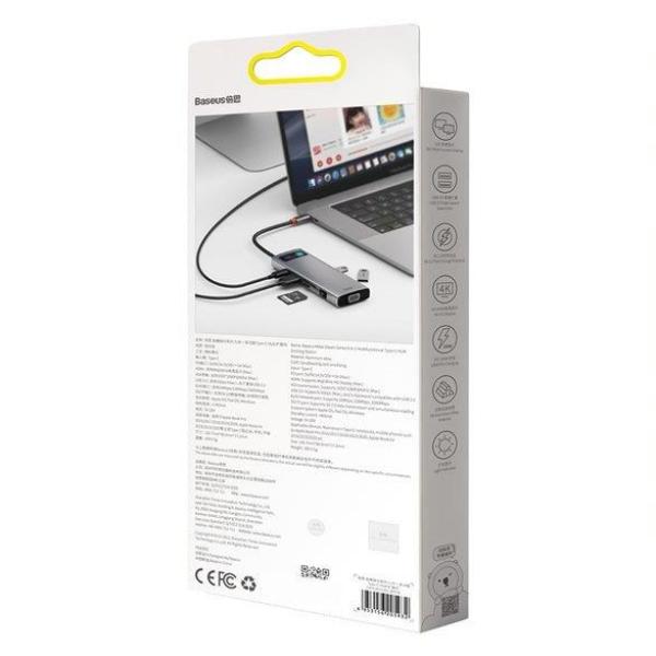 Baseus Metal Gleam Series 9v1 HUB Type-C (USB-C PD 100W, 3* USB 3.0, HDMI, VGA, RJ45, SD/TF port), sivá1
