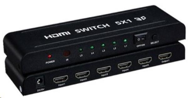 PREMIUMCORD HDMI prepínač 5:1 kovový s diaľkovým ovládaním a napájacím adaptérom