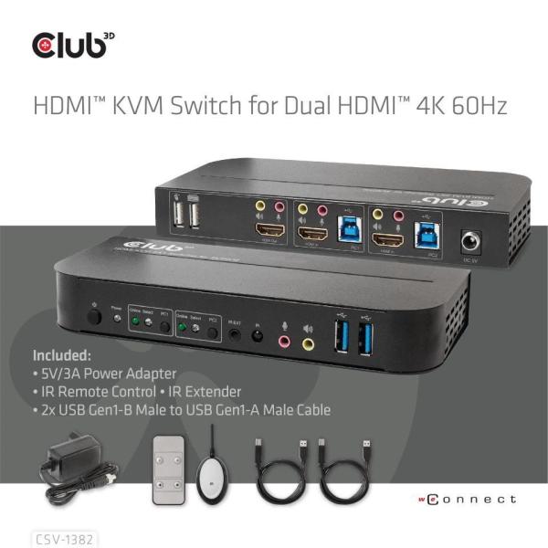 Sieťový prepínač Club3D - Prepínač,  HDMI KVM prepínač - Dual HDMI 4K 60Hz1