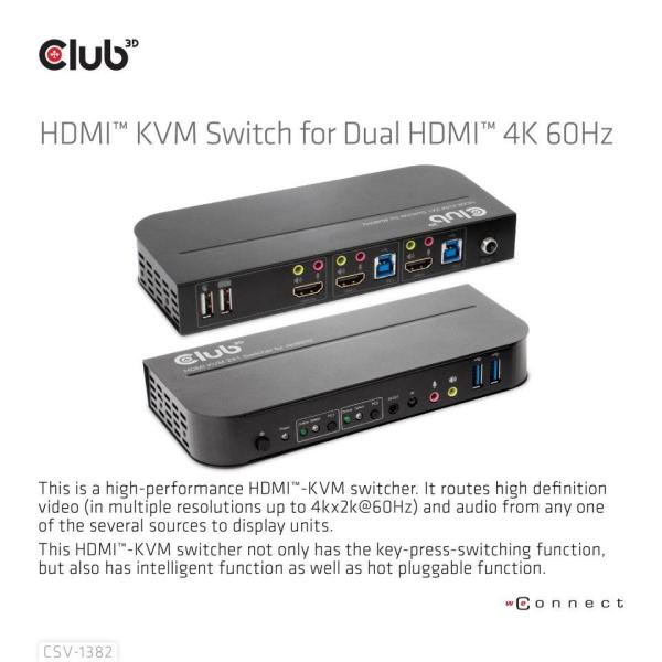 Sieťový prepínač Club3D - Prepínač,  HDMI KVM prepínač - Dual HDMI 4K 60Hz2