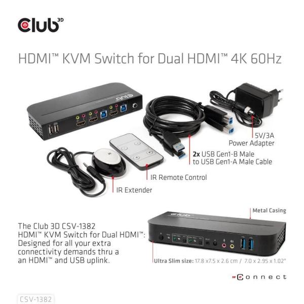 Sieťový prepínač Club3D - Prepínač,  HDMI KVM prepínač - Dual HDMI 4K 60Hz3