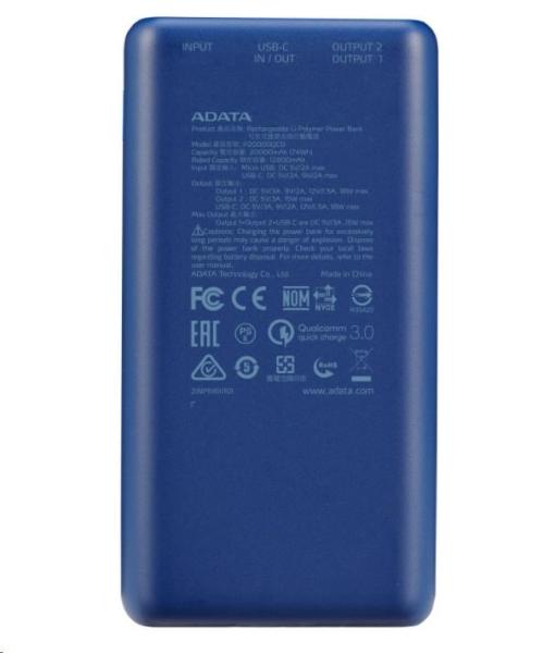 ADATA PowerBank P20000QCD - externá batéria pre mobilný telefón/ tablet 20000mAh,  2, 1A,  modrá (74Wh)3