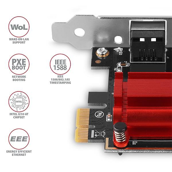AXAGON PCEE-GIX,  sieťová karta PCIe - 1x Gigabit Ethernet port (RJ-45),  Intel i210AT,  PXE,  vrátane. LP4