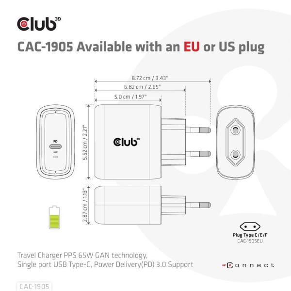 Cestovná nabíjačka Club3D PPS 65W technológia GAN,  USB Type-C,  Power Delivery(PD) 3.0 Podpora1