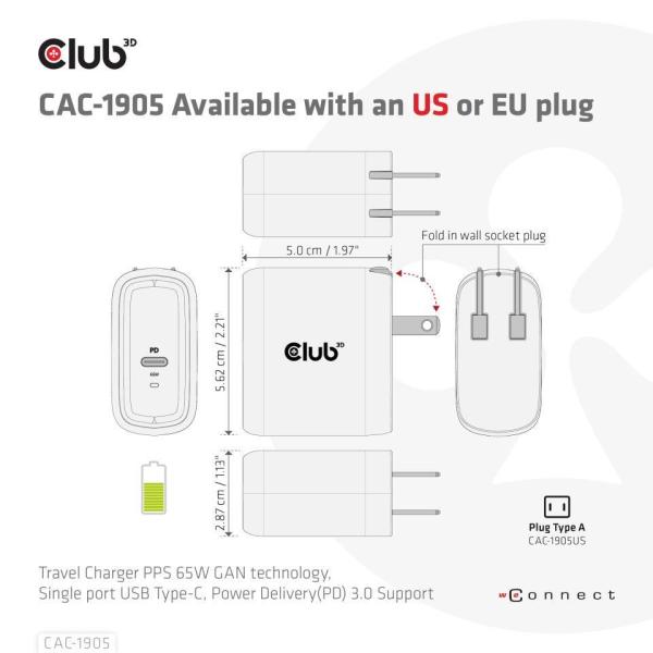 Cestovná nabíjačka Club3D PPS 65W technológia GAN,  USB Type-C,  Power Delivery(PD) 3.0 Podpora4