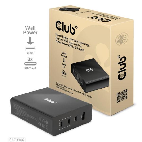 Cestovná nabíjačka Club3D 132W technológia GAN,  4xUSB-A a USB-C,  PD 3.0 Podpora