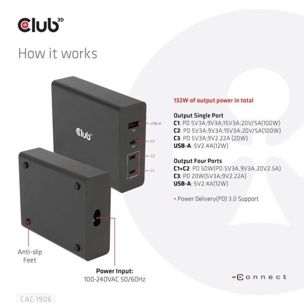 Cestovná nabíjačka Club3D 132W technológia GAN,  4xUSB-A a USB-C,  PD 3.0 Podpora1