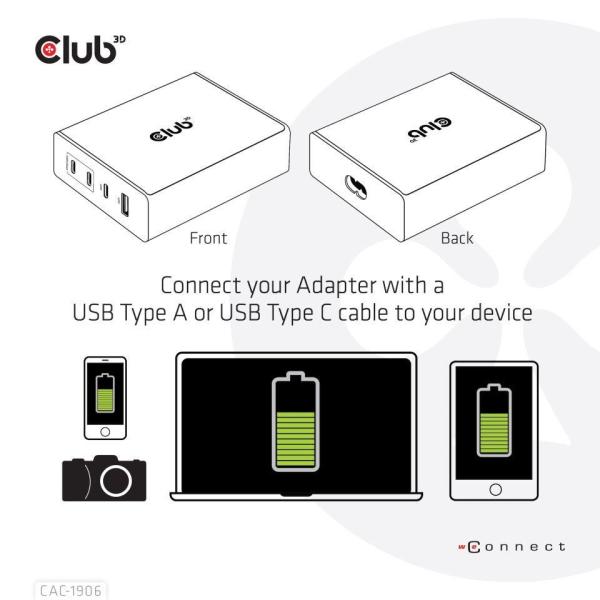 Cestovná nabíjačka Club3D 132W technológia GAN,  4xUSB-A a USB-C,  PD 3.0 Podpora2