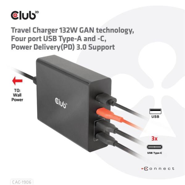 Cestovná nabíjačka Club3D 132W technológia GAN,  4xUSB-A a USB-C,  PD 3.0 Podpora6