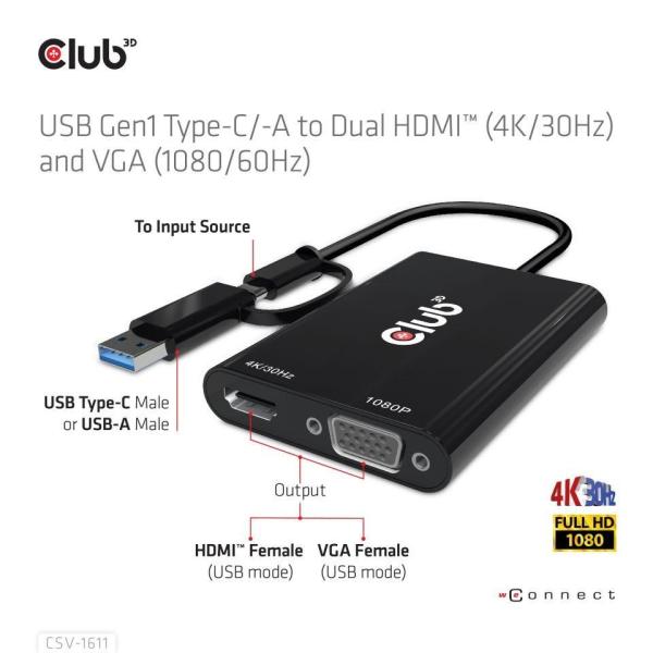 Club3D adaptér USB Gen1 Type-C/ -A na duálny HDMI (4K/ 30Hz) /  VGA (1080/ 60Hz)0