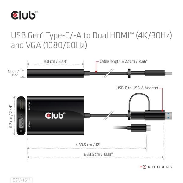 Club3D adaptér USB Gen1 Type-C/ -A na duálny HDMI (4K/ 30Hz) /  VGA (1080/ 60Hz)5