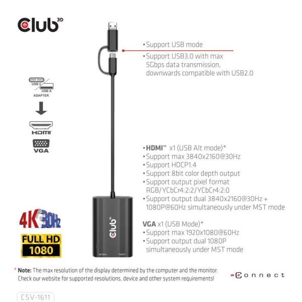 Club3D adaptér USB Gen1 Type-C/ -A na duálny HDMI (4K/ 30Hz) /  VGA (1080/ 60Hz)7