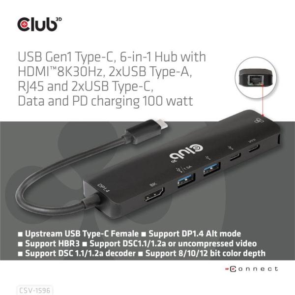 Club3D Hub USB-C, rozbočovač 6 v 1 s HDMI 8K30Hz, 2xUSB typu A, RJ45 a 2xUSB typu C, Data a PD nabíjení 100W6