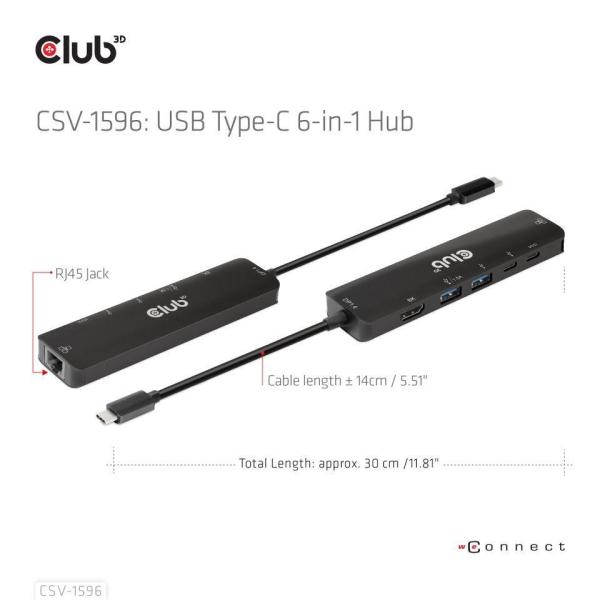 Club3D Hub USB-C, rozbočovač 6 v 1 s HDMI 8K30Hz, 2xUSB typu A, RJ45 a 2xUSB typu C, Data a PD nabíjení 100W0