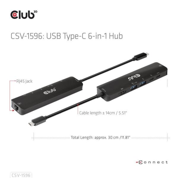 Club3D Hub USB-C,  rozbočovač 6 v 1 s HDMI 8K30Hz,  2xUSB typu A,  RJ45 a 2xUSB typu C,  Data a PD nabíjení 100W5