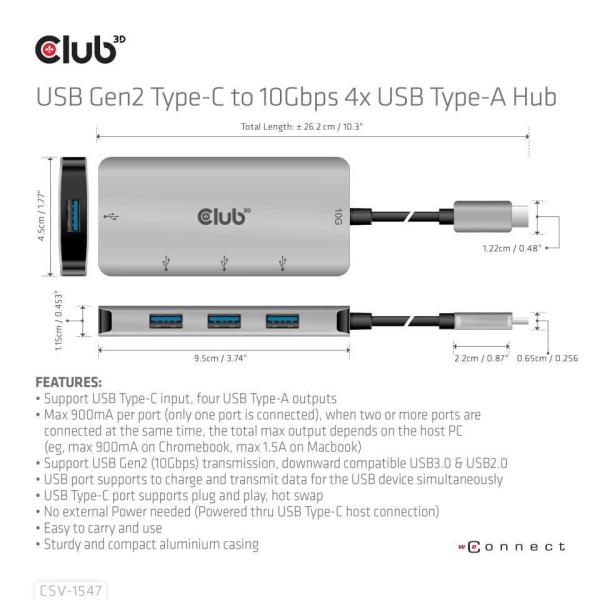 Club3D Hub USB-C Gen2 na 10Gbps 4x USB Type-A Hub3