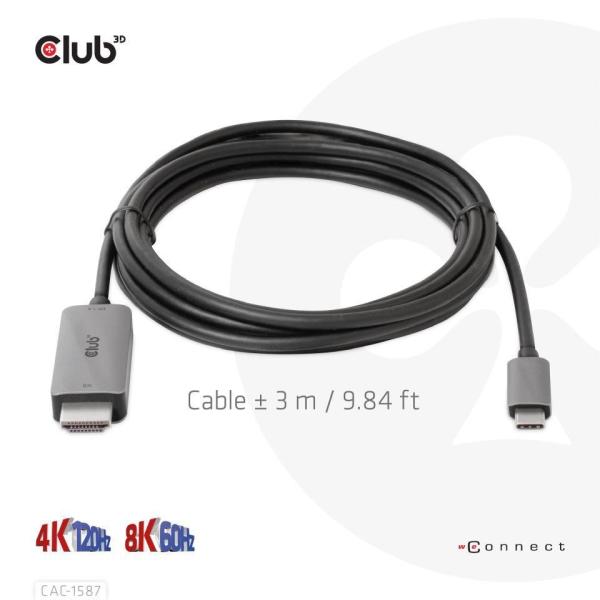 Club3D kabel USB-C na HDMI,  4K120Hz 8K60Hz HDR10 s DSC1.2,  Aktivní kabel,  M/ M,  3m5